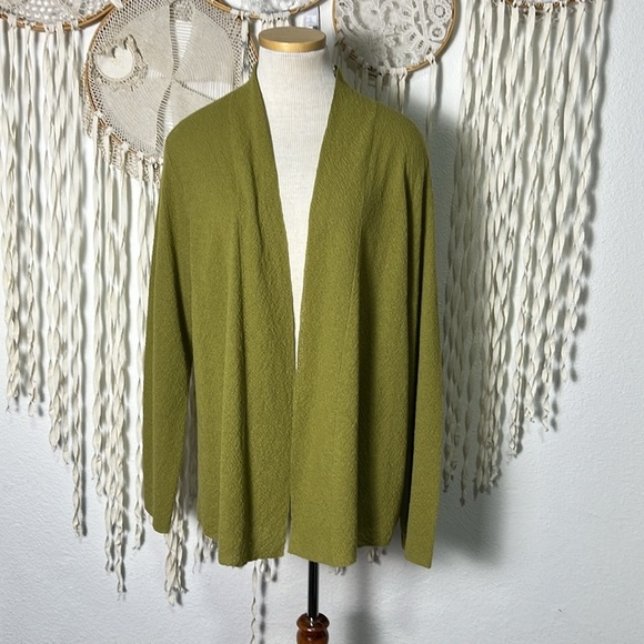 Eileen Fisher Chartreuse 100% Wool Open Front Cardigan XL Back Peplum Accent - Picture 1 of 10
